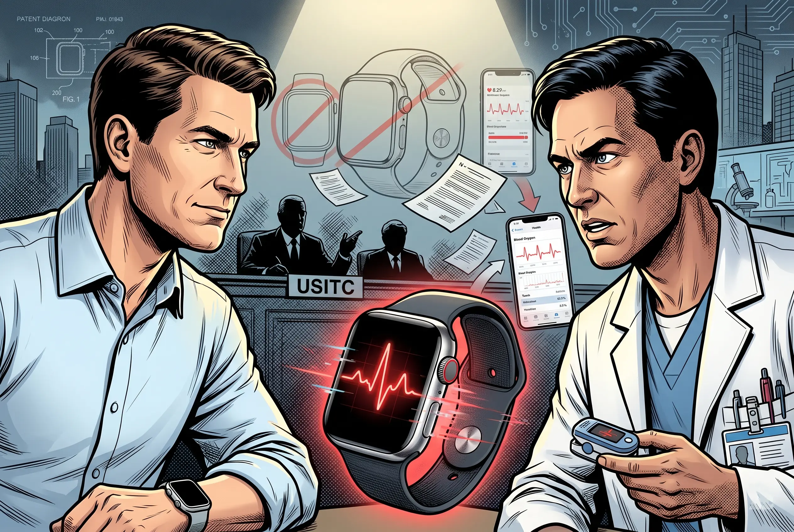 Apple and Masimo figures face off over smartwatch blood-oxygen tech dispute, with glitching Apple Watch display, courtroom elements, and corporate-tech background showing legal conflict tension.