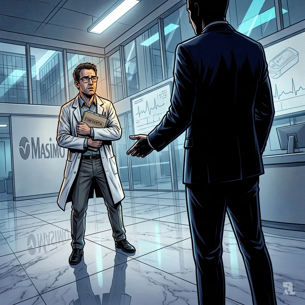 Apple recruiter silhouette extends hand to conflicted Masimo engineer clutching confidential folder in corporate lobby.