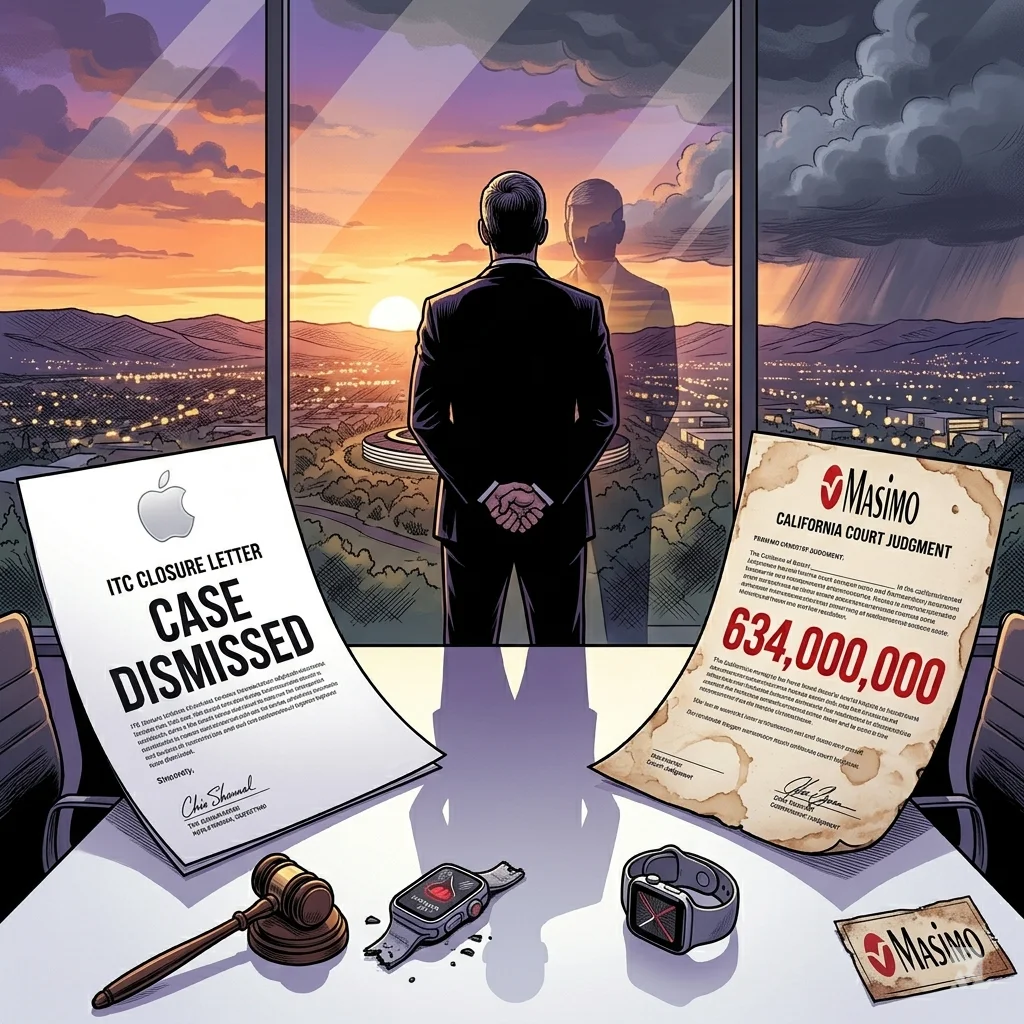 Tim Cook silhouette contemplates ITC dismissal and 634 million dollar California judgment in Apple Park boardroom.