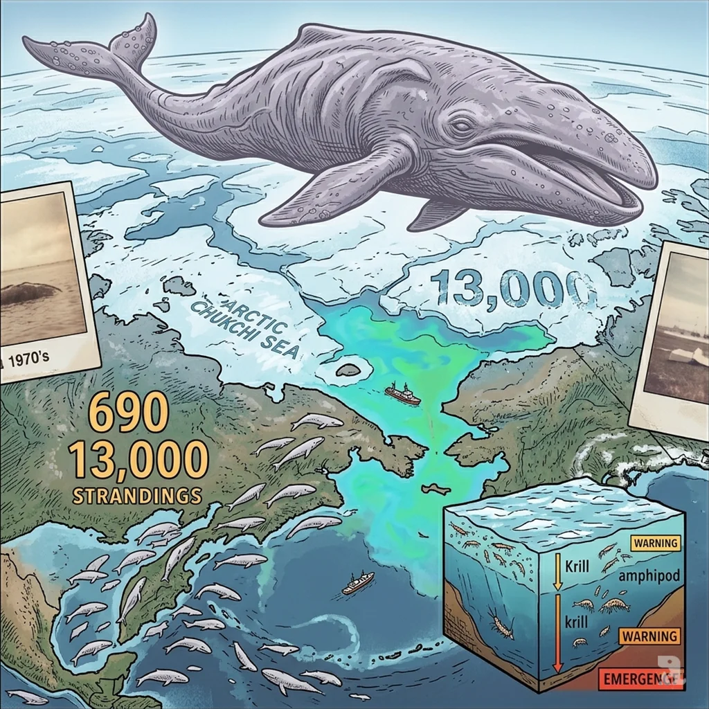 Ghost whale over Arctic feeding grounds. 690 strandings and 13,000 data points mapped along migration corridor.