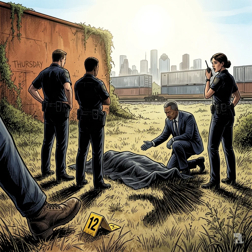 Officers surround tarp-covered body in Houston field as detective kneels and freight train passes.