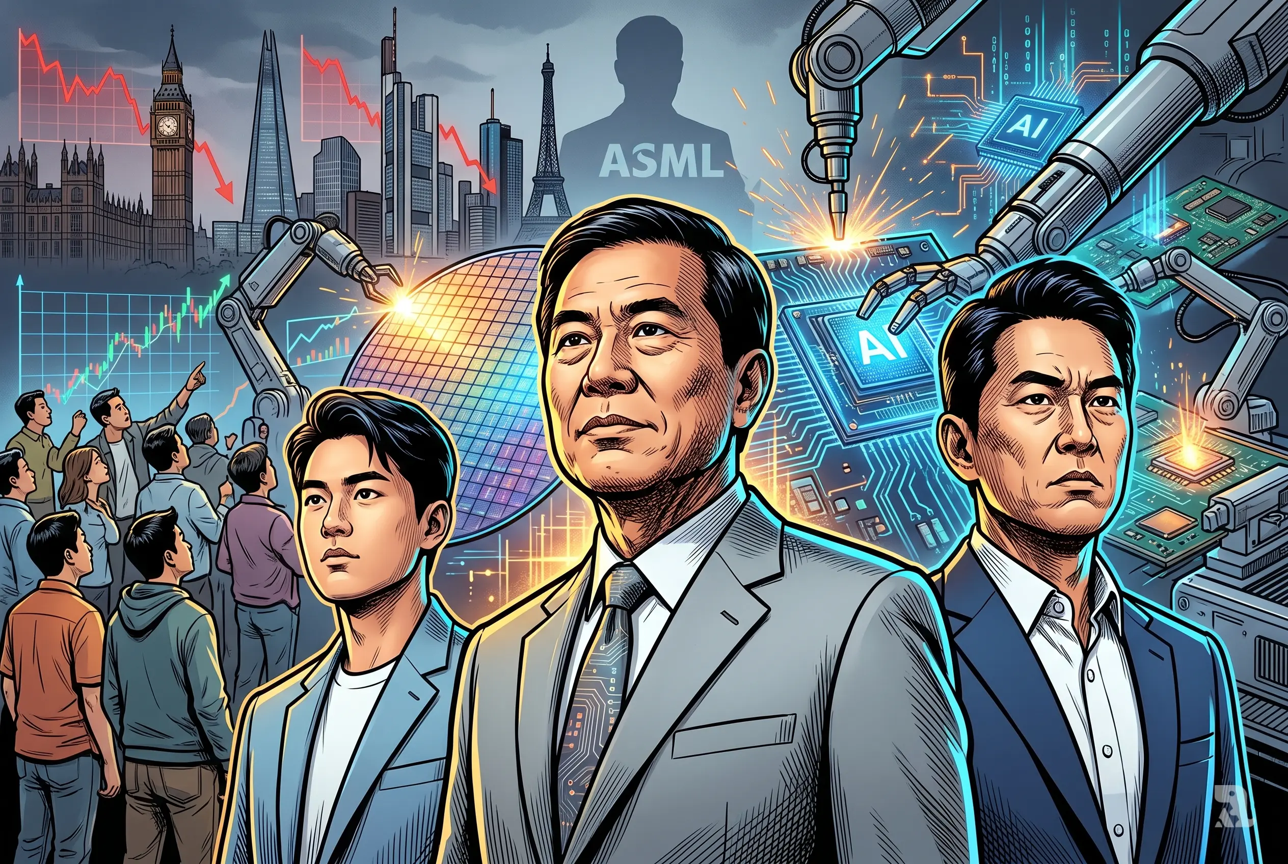 Asian semiconductor leaders dominate foreground with intense expressions, glowing AI chips and rising markets behind, while European financial centers fade in shadow showing economic decline.