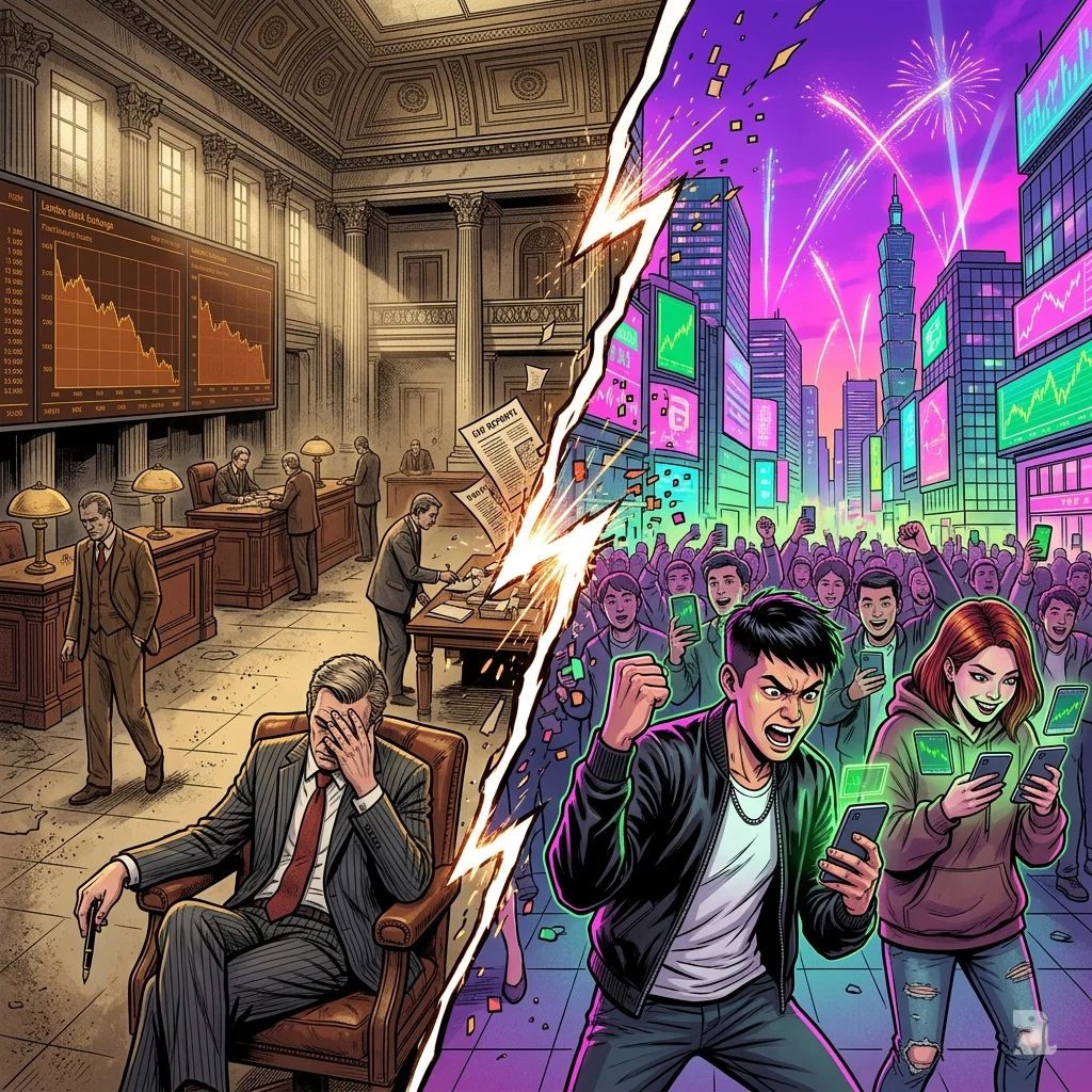 Split screen: left shows London Stock Exchange in decline, right Taipei retail investors celebrating with smartphones under neon lights. Asia rises, Europe fades.