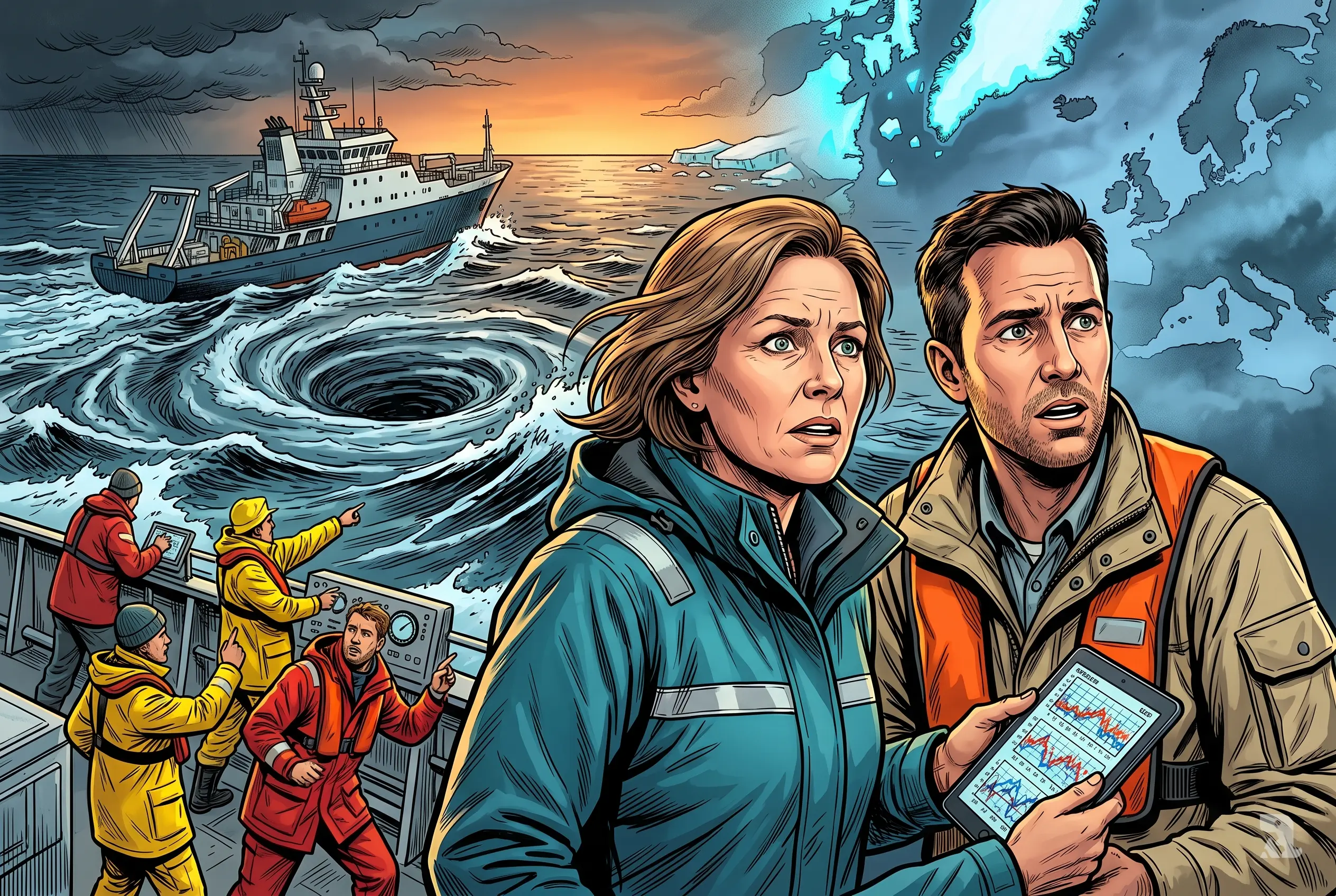 Scientists on stormy Atlantic research vessel observe collapsing ocean currents as violent waves surge, Greenland ice melts, and distant Europe appears under cold, threatening atmospheric conditions.