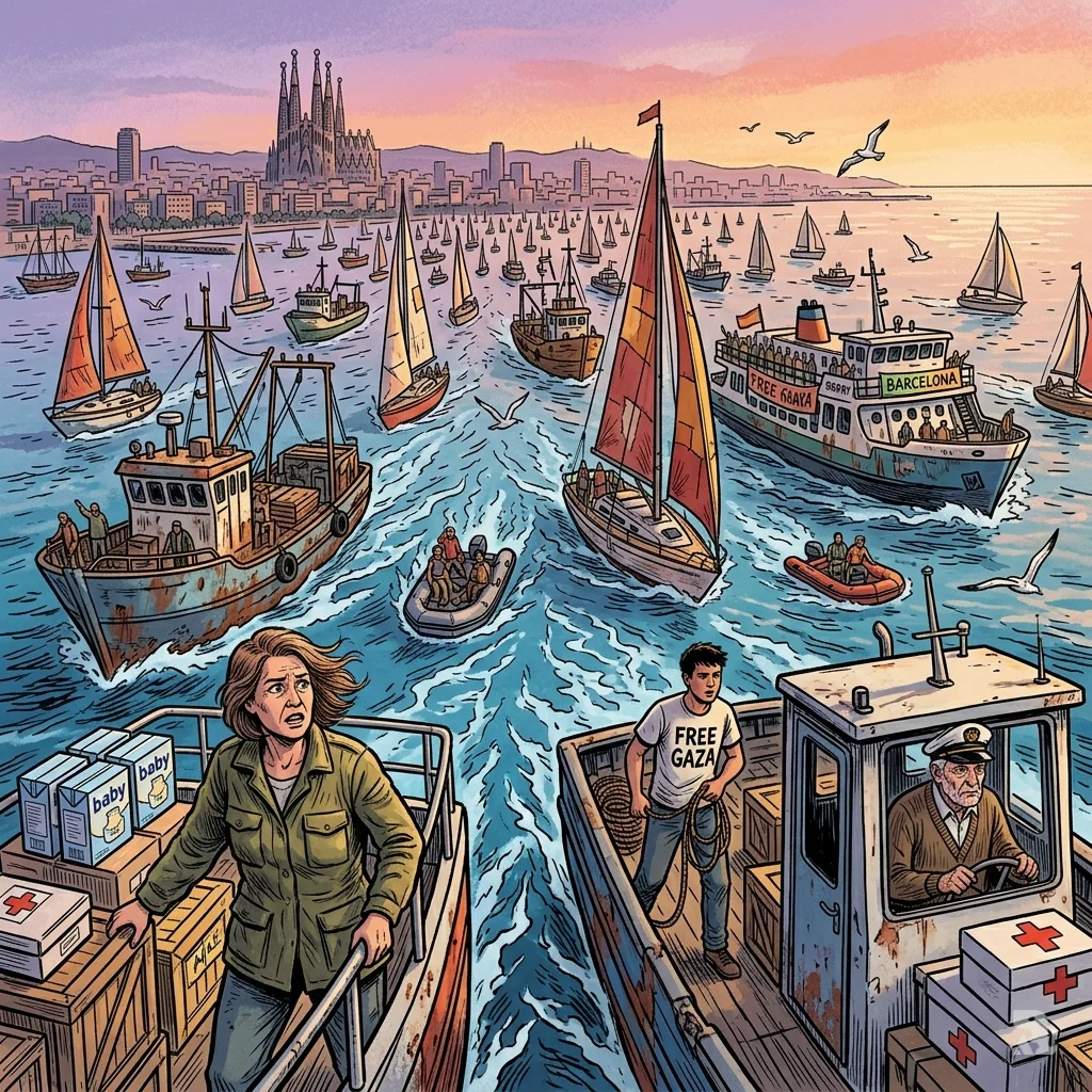 Over eighty vessels assemble in Barcelona harbor loaded with humanitarian supplies and activists, Sagrada Familia distant under dawn light.