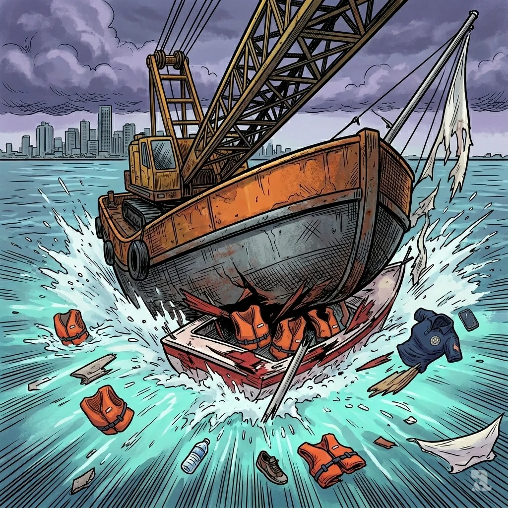 A violent collision at sea. The massive barge hull crushes a small sailboat, sending debris and two children in orange life vests flying into the churning water.