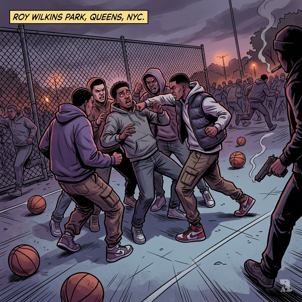 Teenager surrounded by attackers mid-punch on New York basketball court at dusk, gun visible at edge.