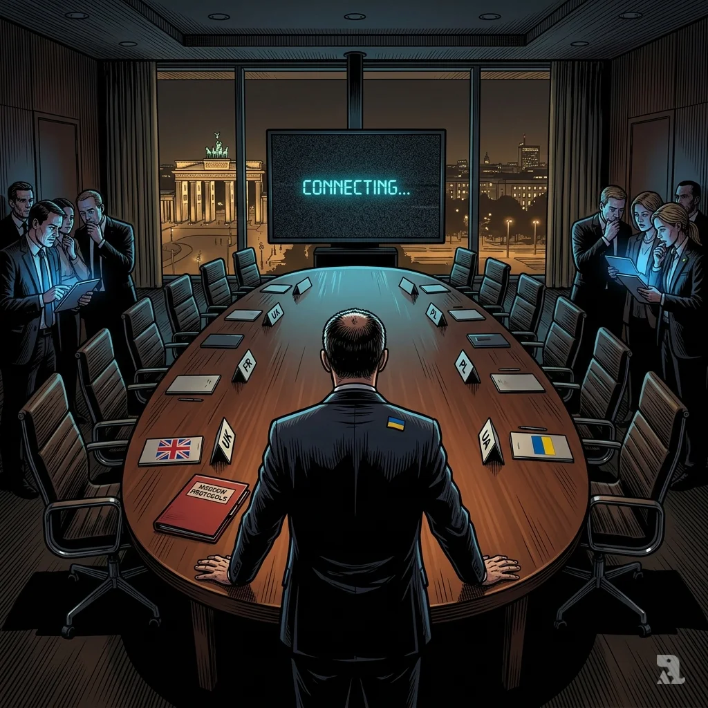Chancellor Merz stands in Berlin crisis room facing empty chairs and a video screen awaiting U.S. diplomatic connection.