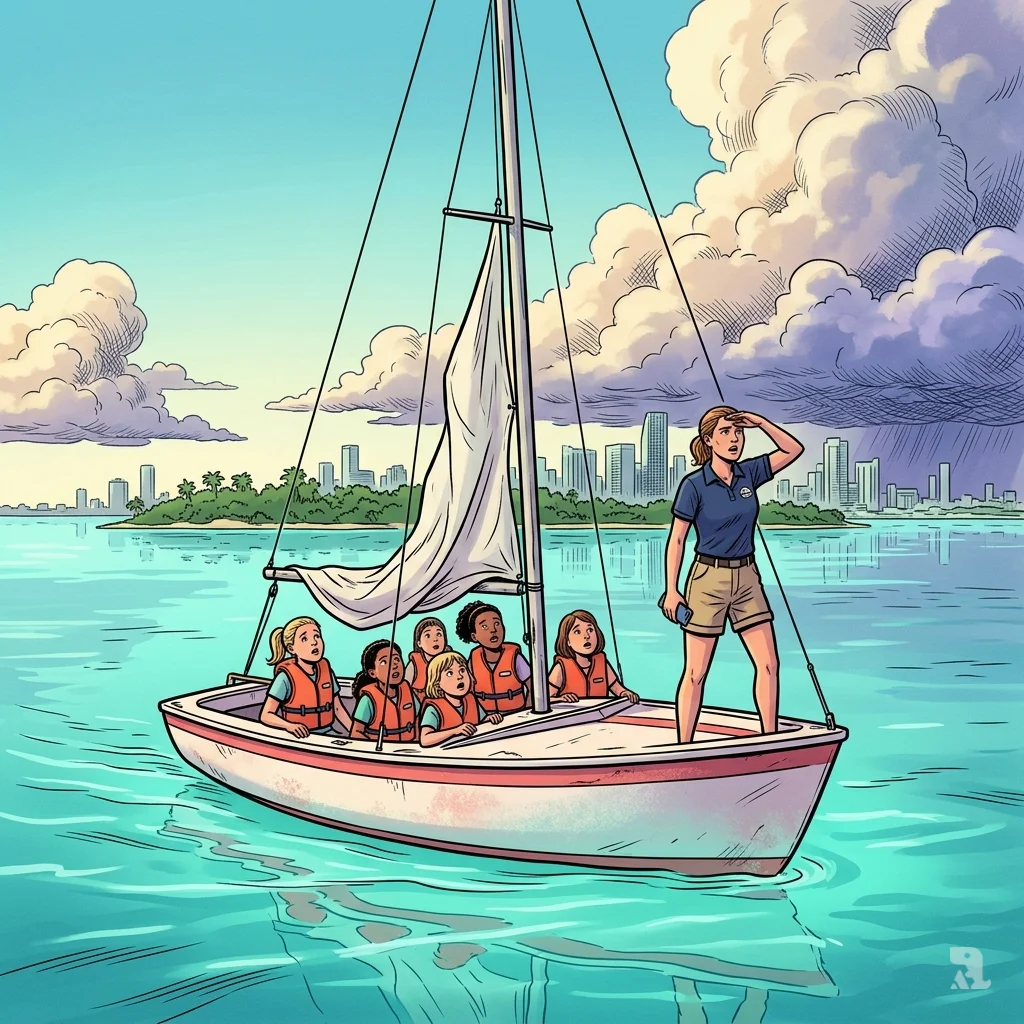 A small white sailboat with limp sails drifts on calm water. Five young girls in orange life vests grip the edge, faces tense, as storm clouds build over the Miami skyline.