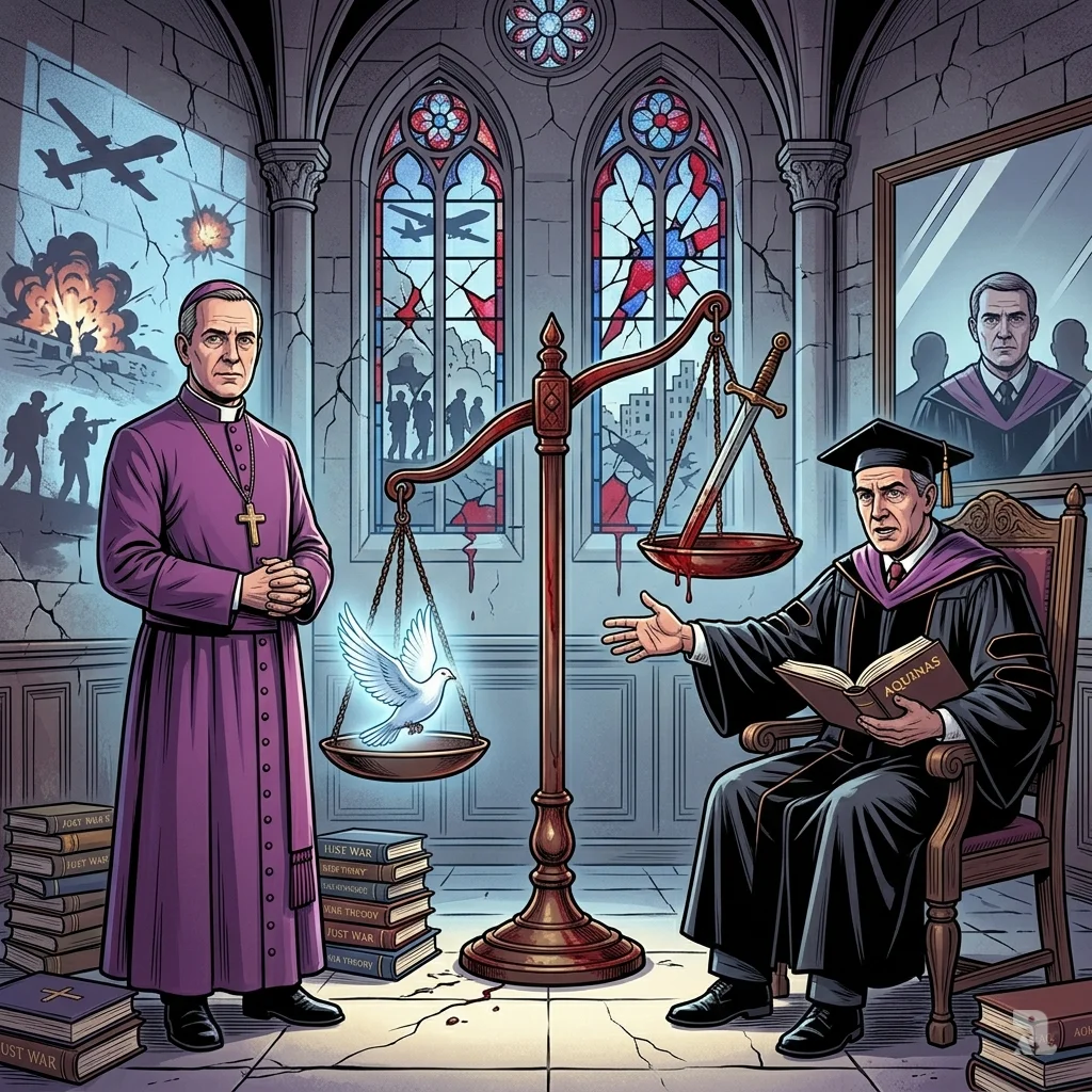 Bishop Massa and Dean Capizzi flank broken scales of justice with dove outweighing sword in chapel setting.