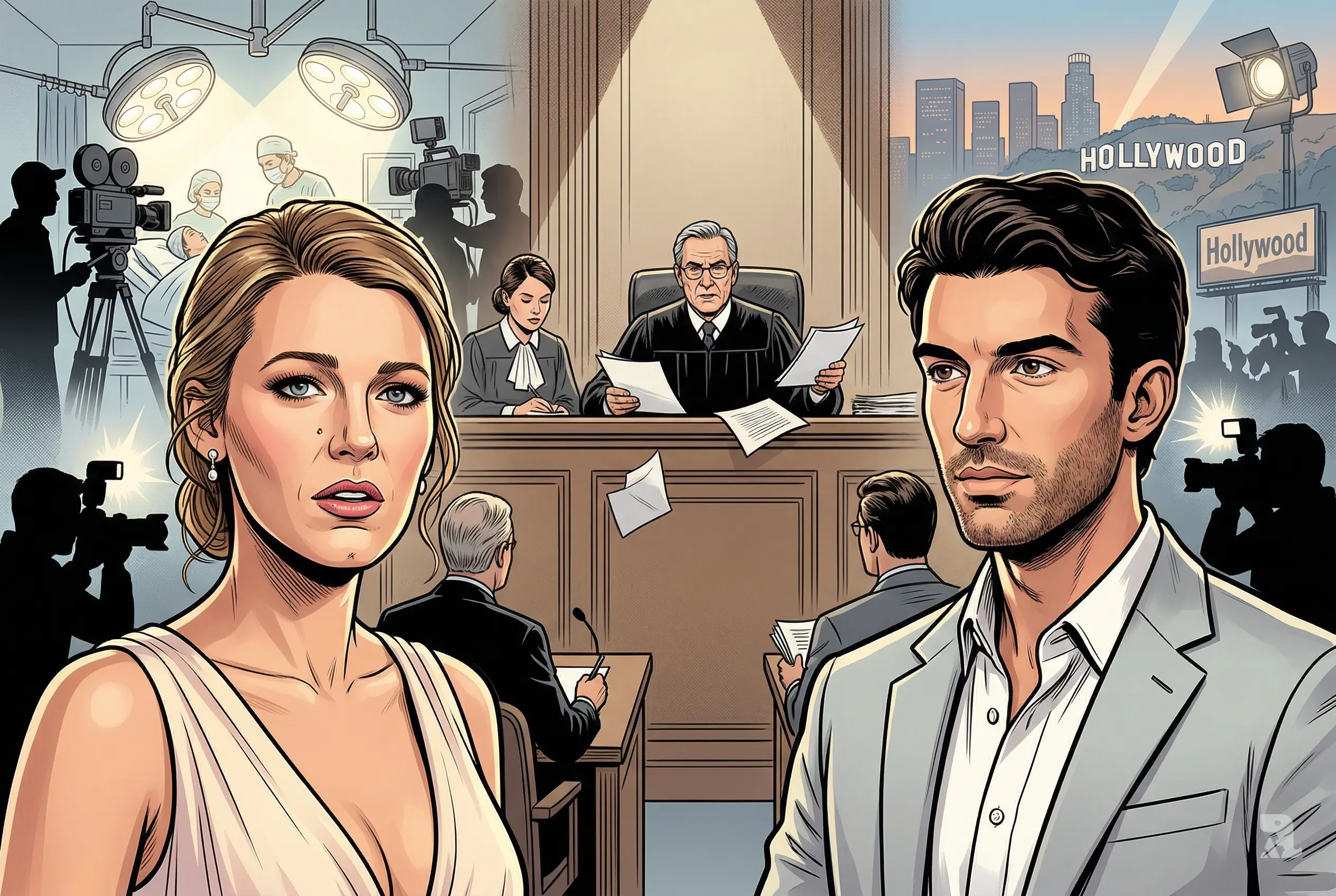 Blake Lively and Justin Baldoni face off in a dramatic courtroom scene with judge ruling, film set visuals behind them, highlighting legal battle and Hollywood controversy.