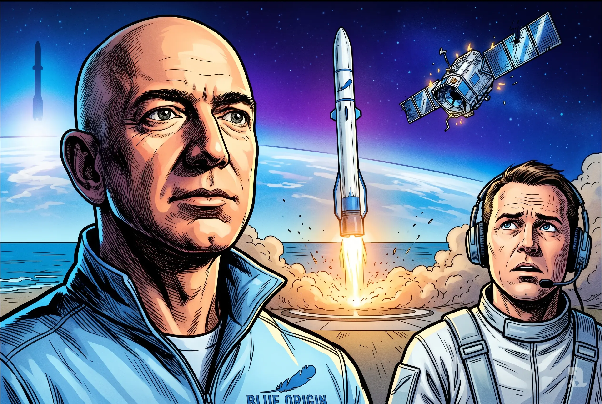 Jeff Bezos in tense close-up with engineer watching as New Glenn booster lands and damaged BlueBird 7 satellite fails in orbit amid dramatic space backdrop.