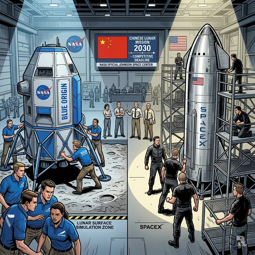 Blue Origin Mark 1 and SpaceX Starship lunar landers side-by-side under NASA Artemis program evaluation.
