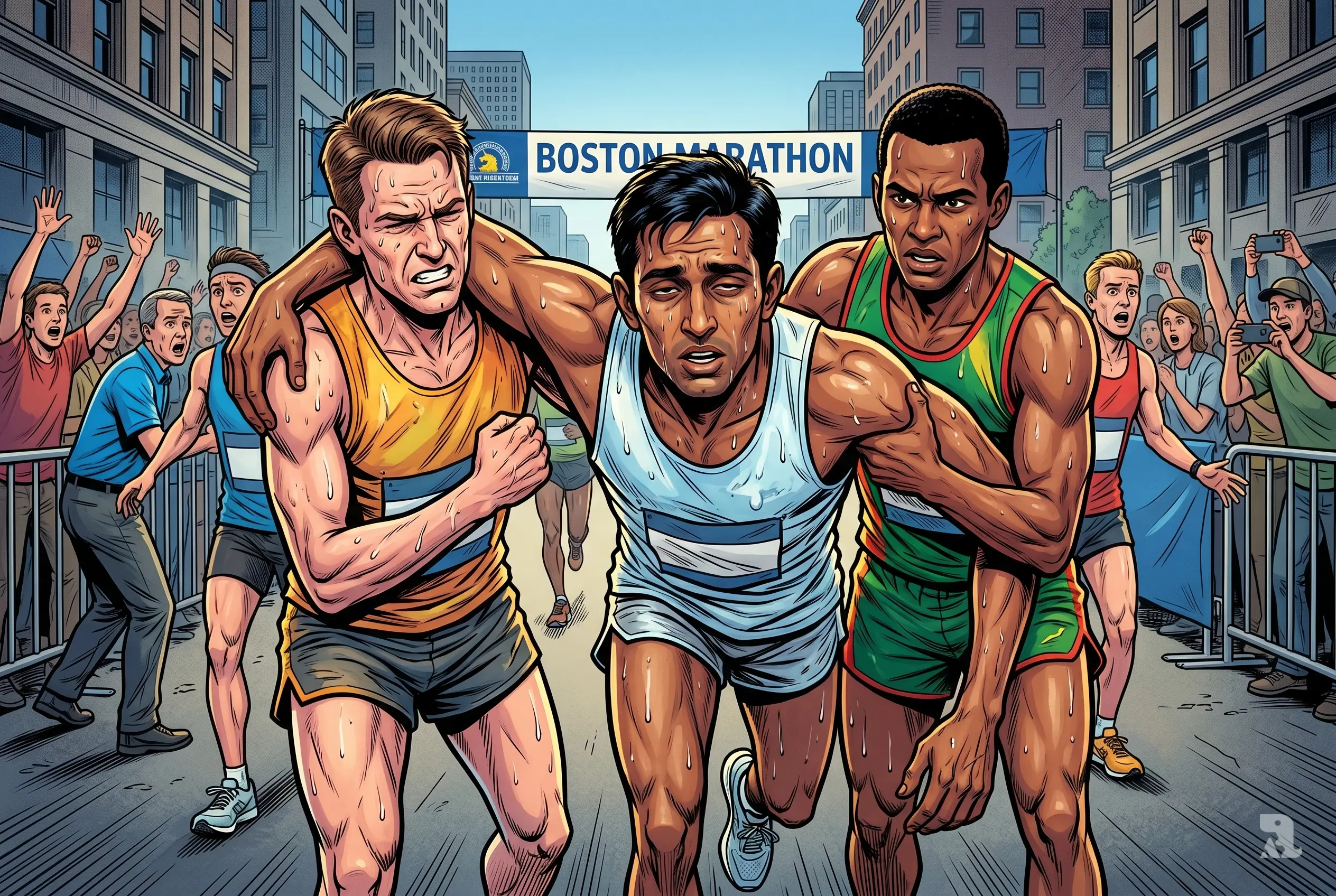 Exhausted marathon runner supported by two fellow athletes on Boston Marathon finish stretch, capturing emotional moment of teamwork, struggle, and human endurance in dramatic scene.