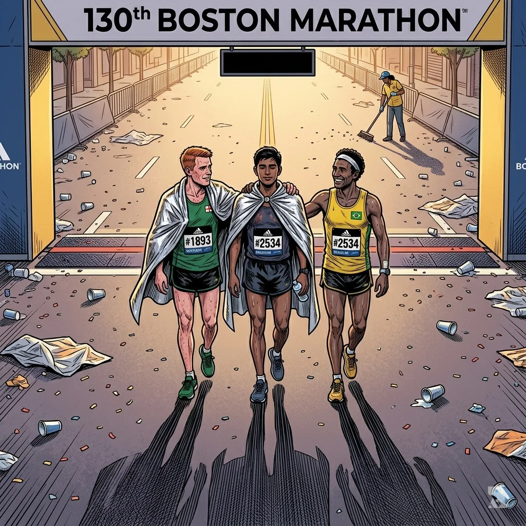 Three runners walk together wrapped in foil blankets on empty Boylston Street post-finish.