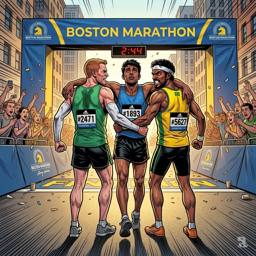 Three international runners lock arms carrying exhausted athlete toward Boston Marathon finish arch.
