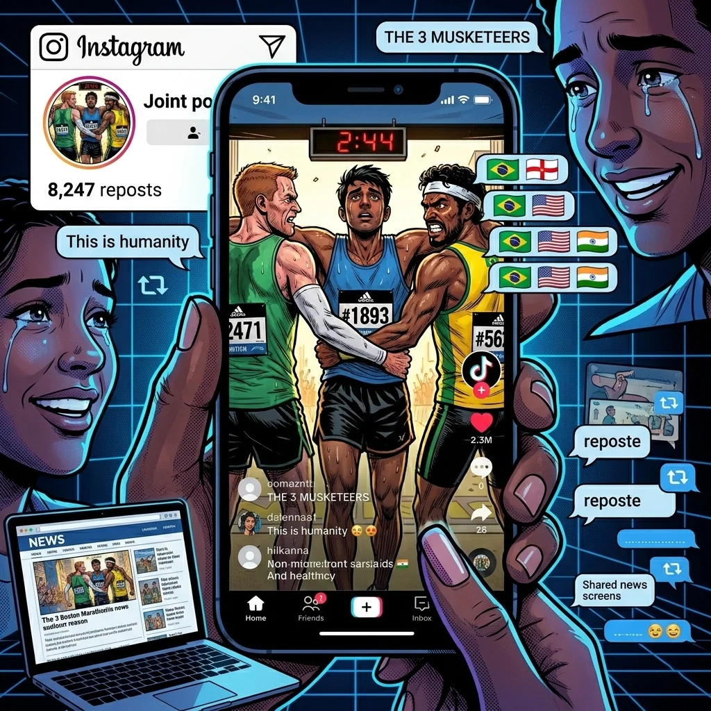 Smartphone displays viral video of marathon rescue with millions of likes and global comment reactions.