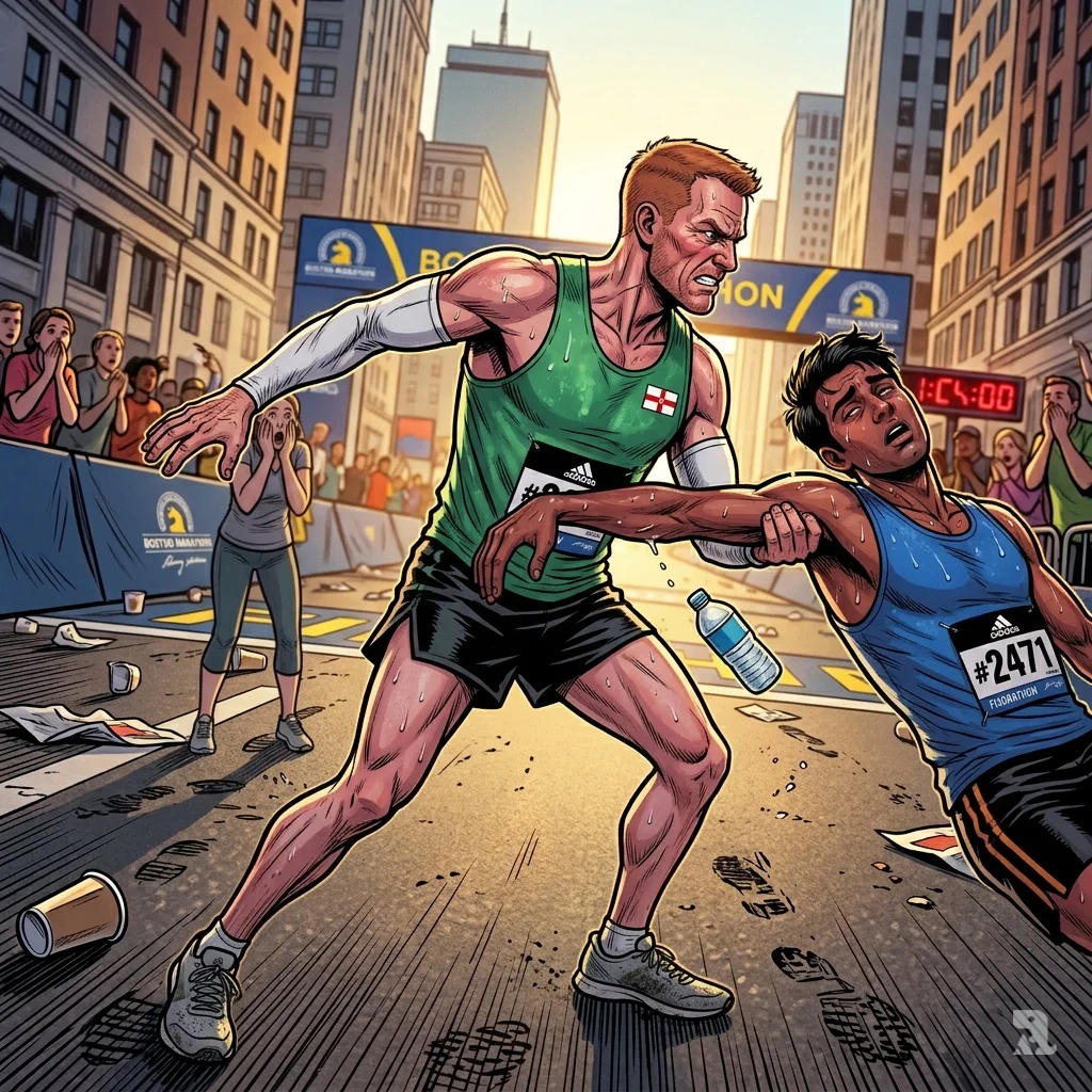 Fellow competitor Aaron Beggs grabs collapsing runner's arm to prevent fall on Boston Marathon course.