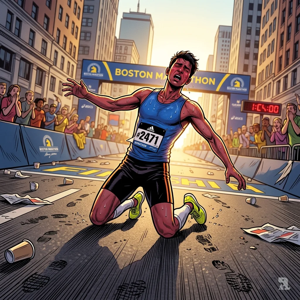 Collapsed marathon runner struggles on Boylston Street with finish line visible in background golden light.