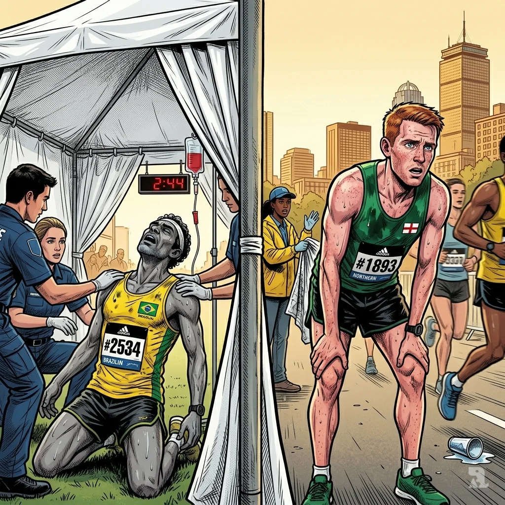 Marathon rescuer Robson De Oliveira collapses in medical tent while Aaron Beggs recovers alone.