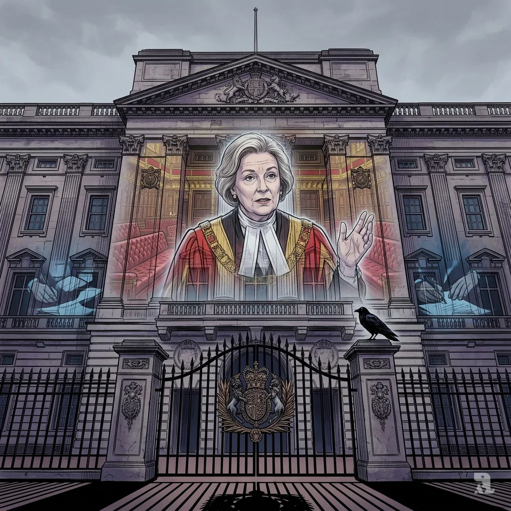 Buckingham Palace gates closed, Baroness Kennedy projected on stone facade, legal shadows in background.
