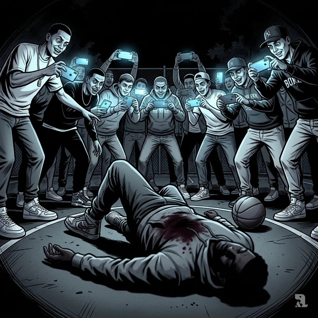 Teen shooting victim lies on ground while crowd of bystanders records with smartphones instead of helping.