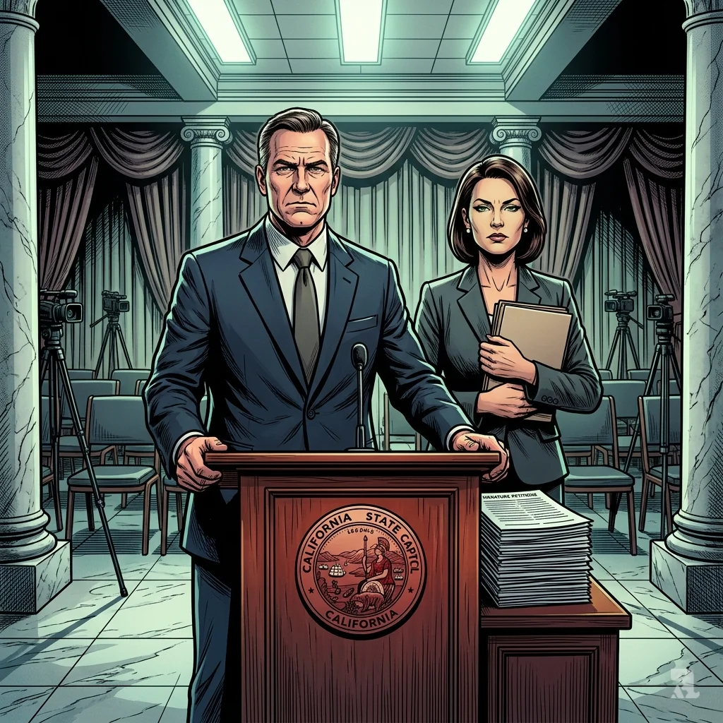 Two officials at a California State Capitol press room podium with a stack of petition signatures, empty press chairs filling the background.