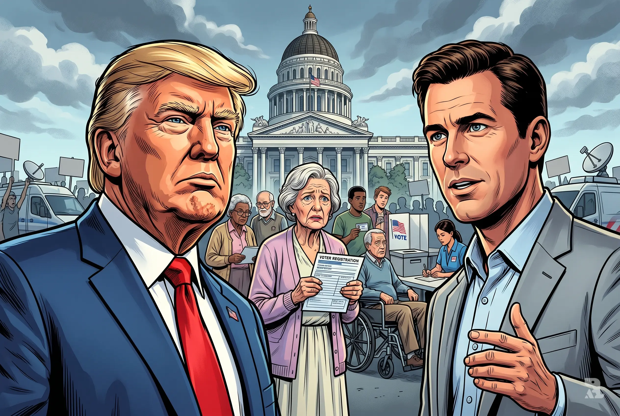 Trump and Tony Strickland dominate foreground as worried voters gather at California polling station, highlighting tension over voter ID rules and election access concerns.