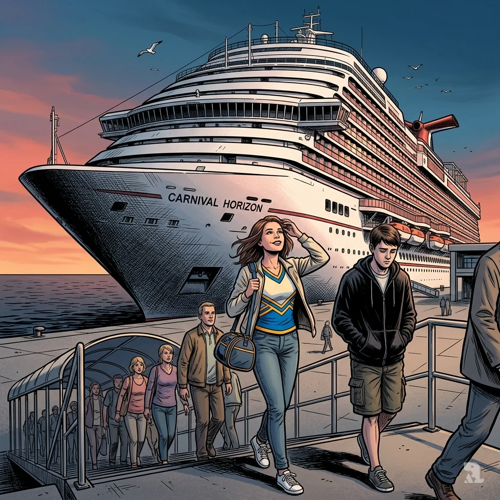 Anna Kepner in a cheer jacket and stepbrother Timothy Hudson board the Carnival Horizon at Port Canaveral under an ominous sunset.