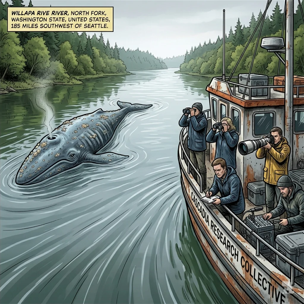 Research boat biologists observe gaunt gray whale at eye level. Concern and restraint in river channel.