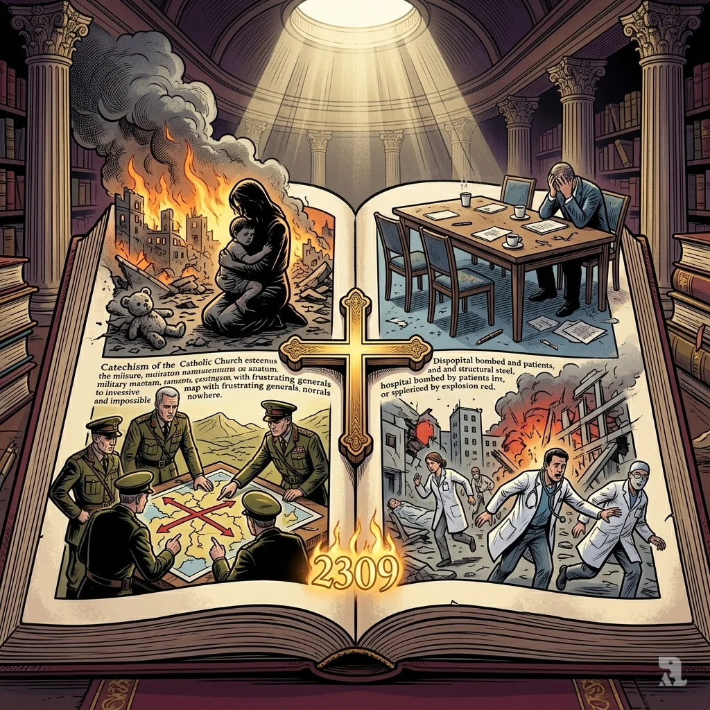 Open Catechism page 2309 reveals four scenes depicting serious damage, exhausted options, failure, and disproportionate force.