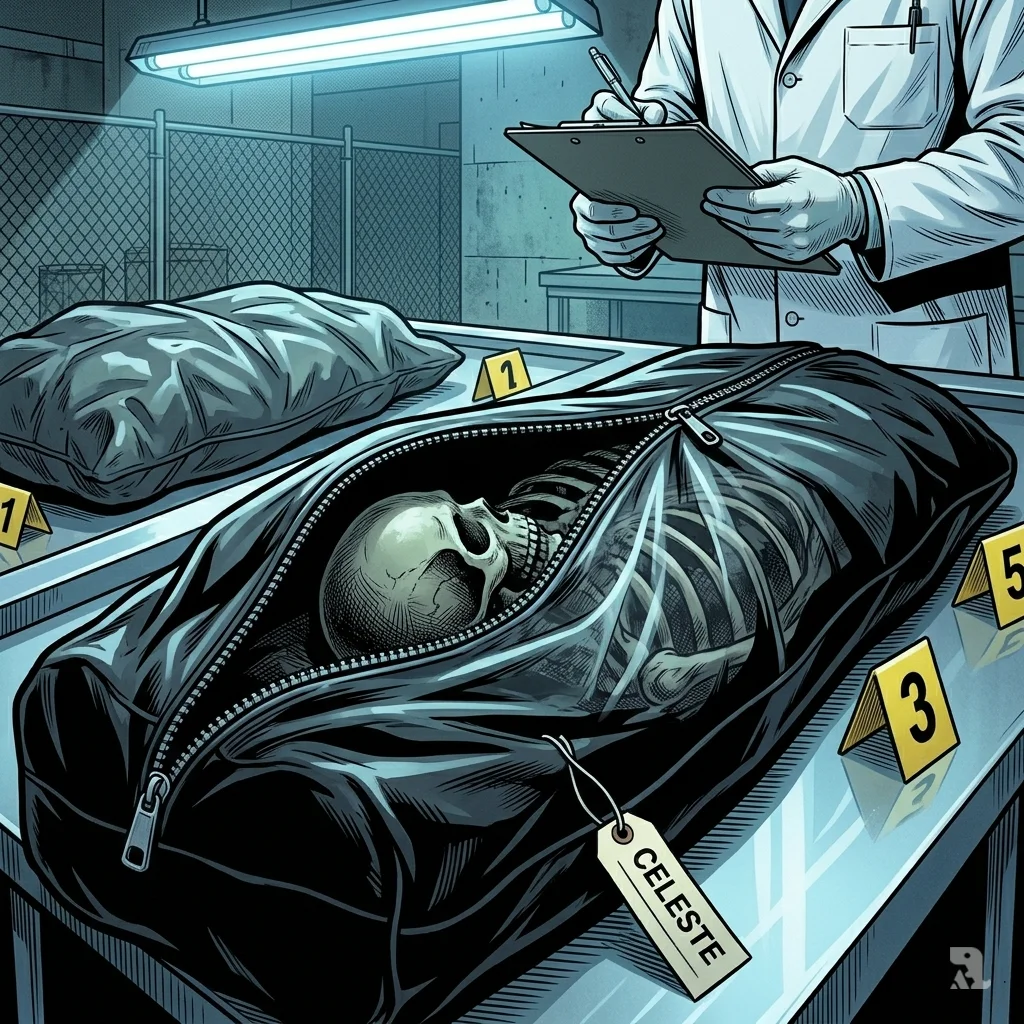 Gloved hands hold an evidence tag near a black cadaver bag. The tag reads the name Celeste in focus.