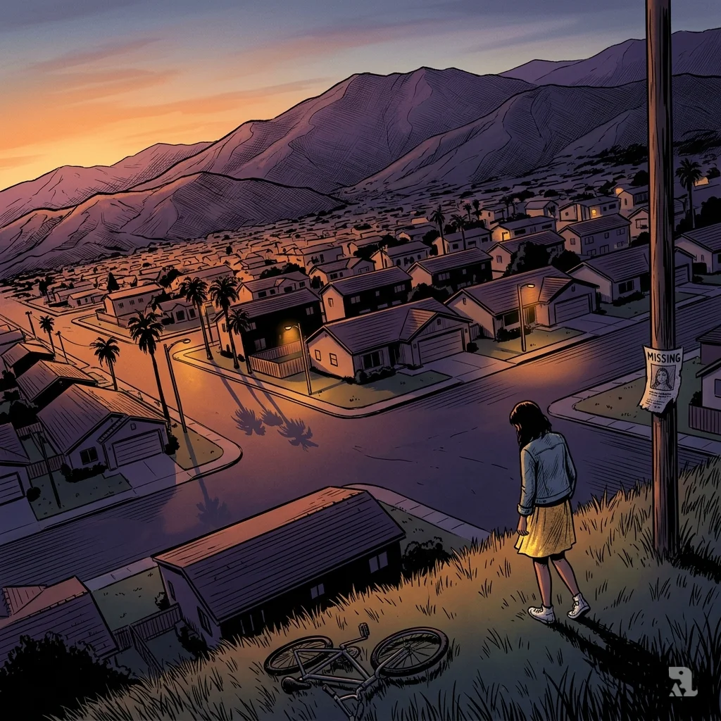 Aerial view of suburban California at sunset. A teenage girl in a yellow dress walks alone toward dark mountain shadows.