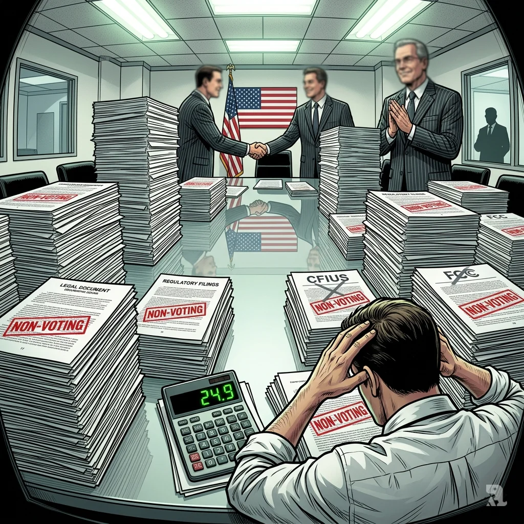 Mountains of legal documents stamped “NON-VOTING” at 24.9 percent, calculator glowing, CFIUS and FCC logos crossed out.