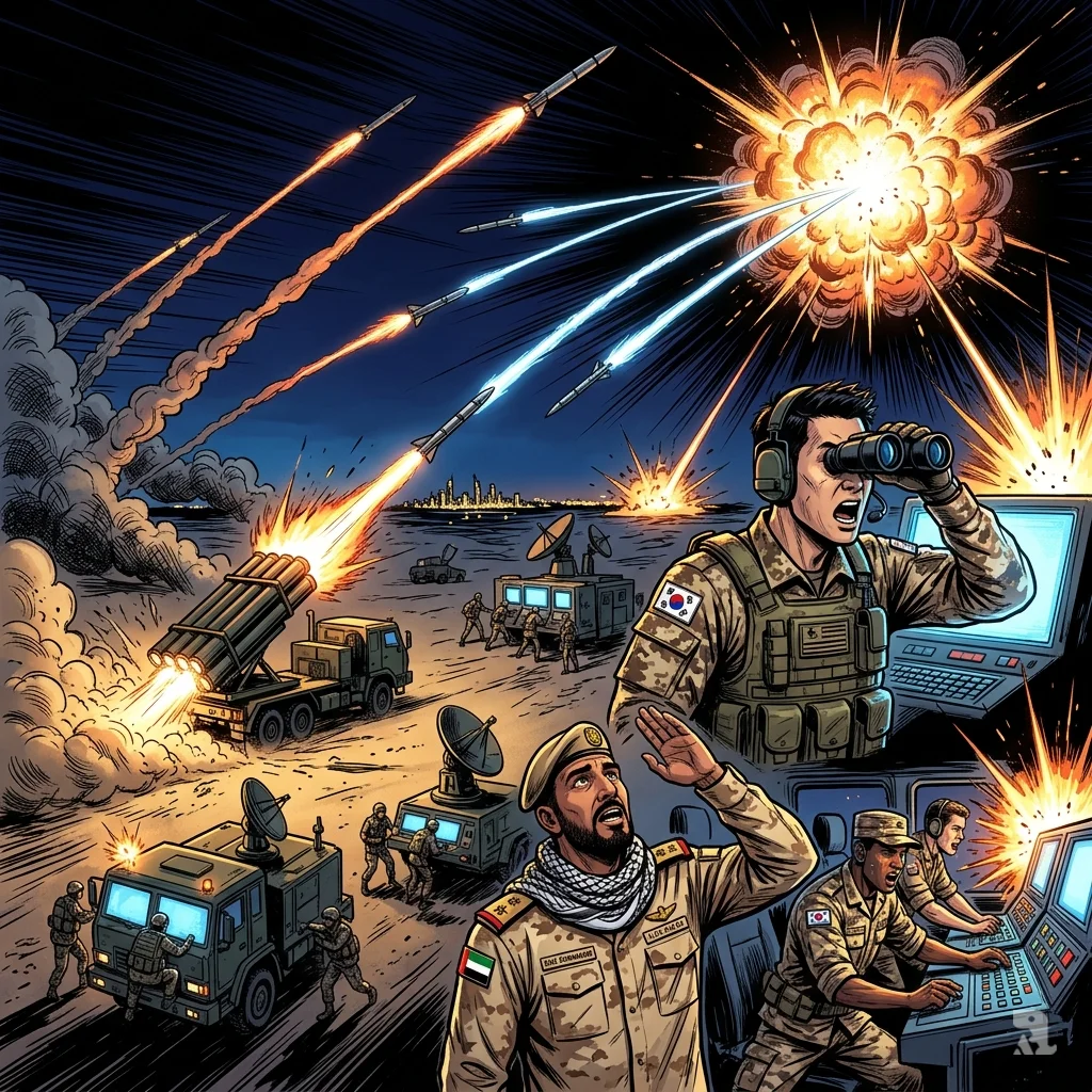 South Korean Cheongung-II interceptor missiles destroy incoming targets during a night test in the UAE desert.