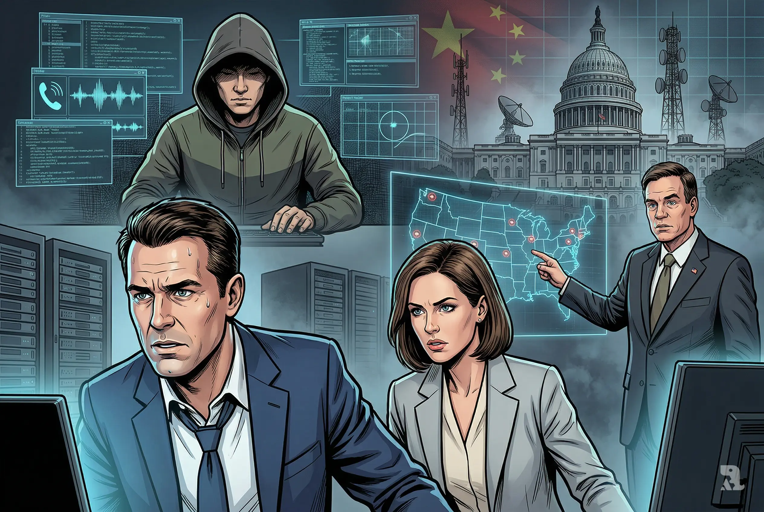 FBI agents react to Chinese cyberattack as hacker breaches US surveillance systems, with digital maps, telecom networks, and Capitol backdrop showing nationwide infiltration crisis.