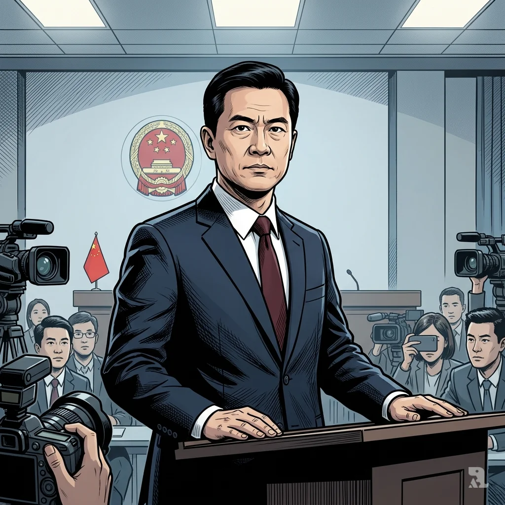 Chinese Foreign Ministry spokesperson delivers a firm, controlled rebuttal from a Beijing press podium, rejecting blame over the seized Iranian vessel.