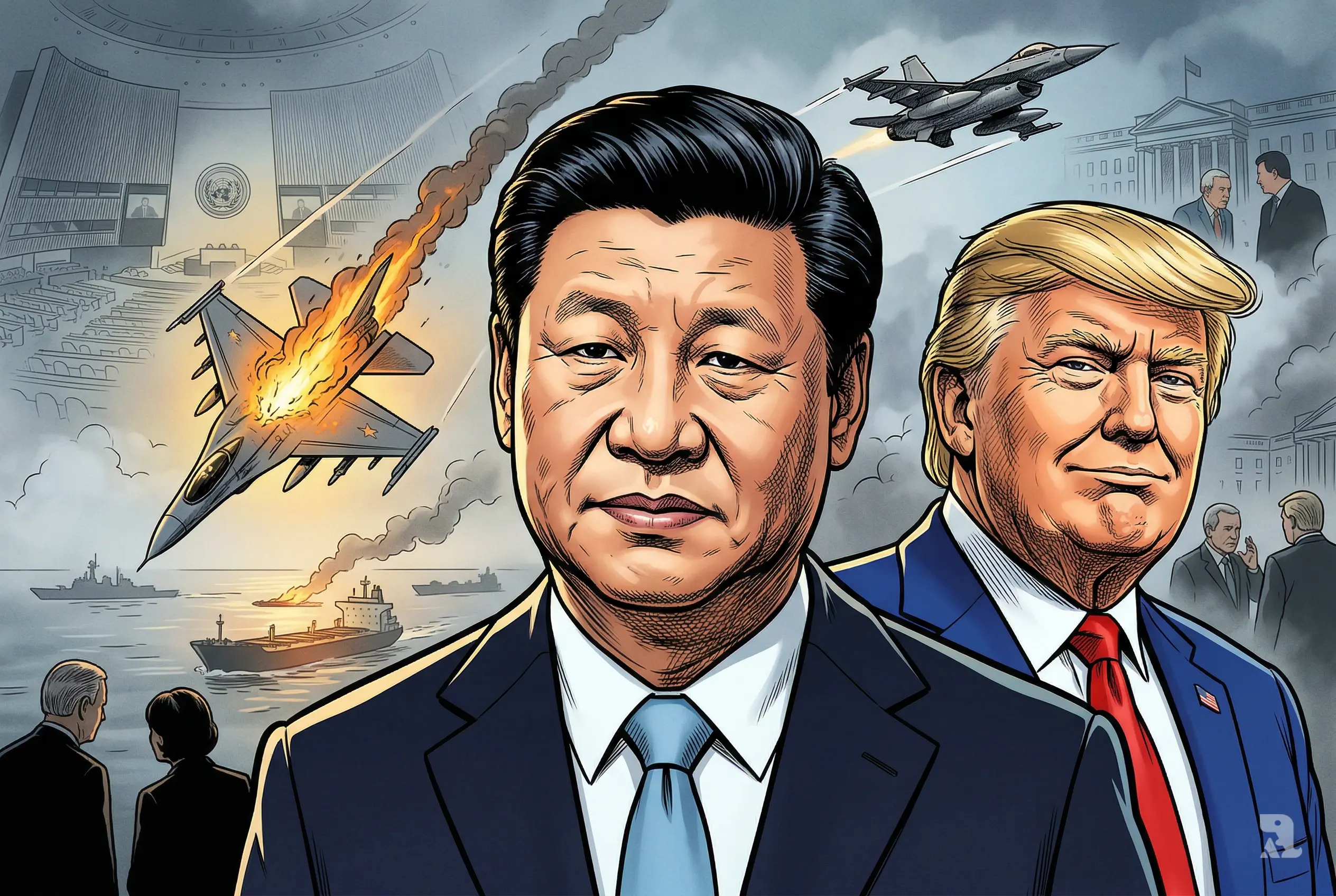 Xi Jinping and Donald Trump face off in foreground as burning fighter jet crashes over Strait of Hormuz, symbolizing ignored Chinese diplomacy during escalating Iran war.