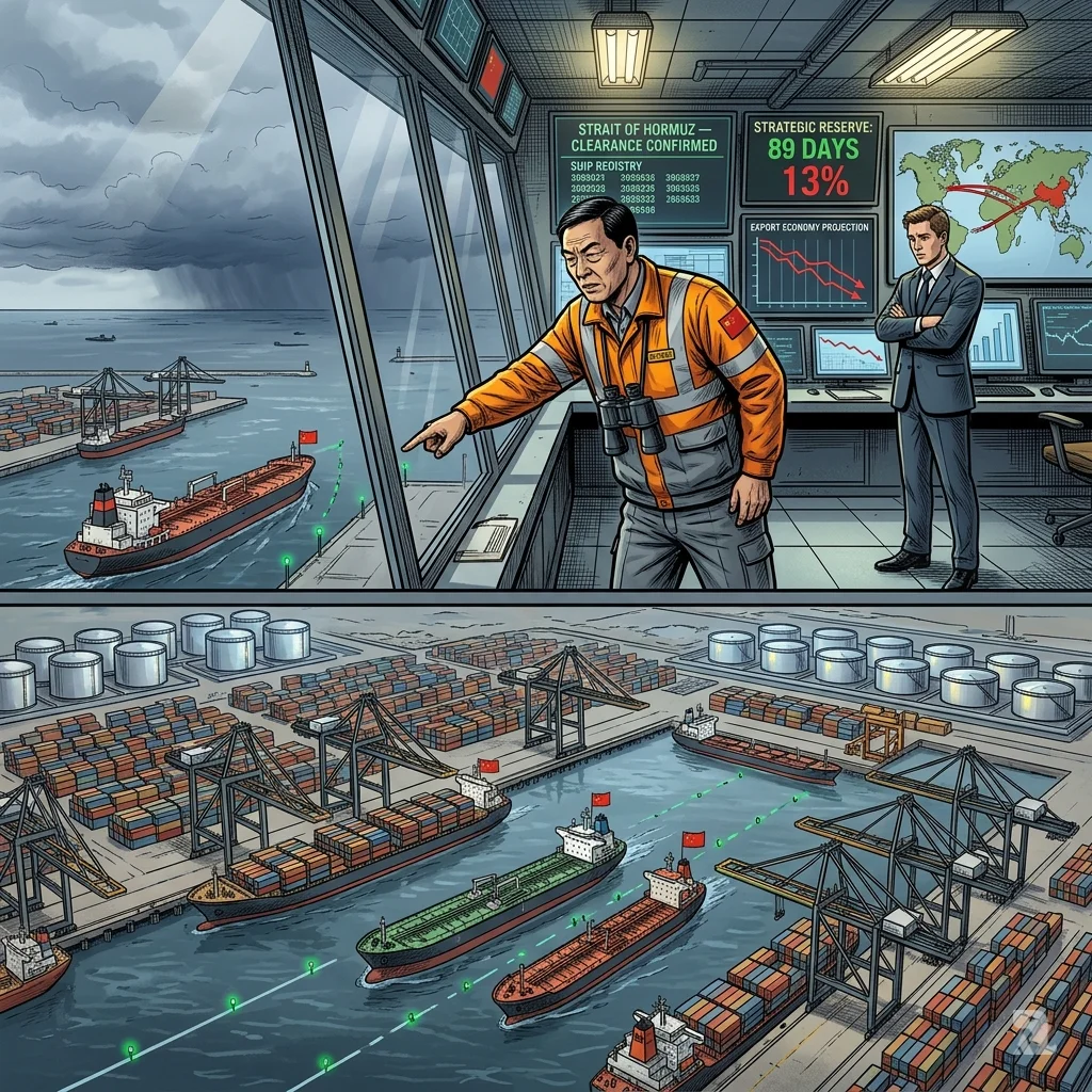 Chinese port official points at tanker as economist monitors 13% strategic reserve counter with storm gathering on horizon.
