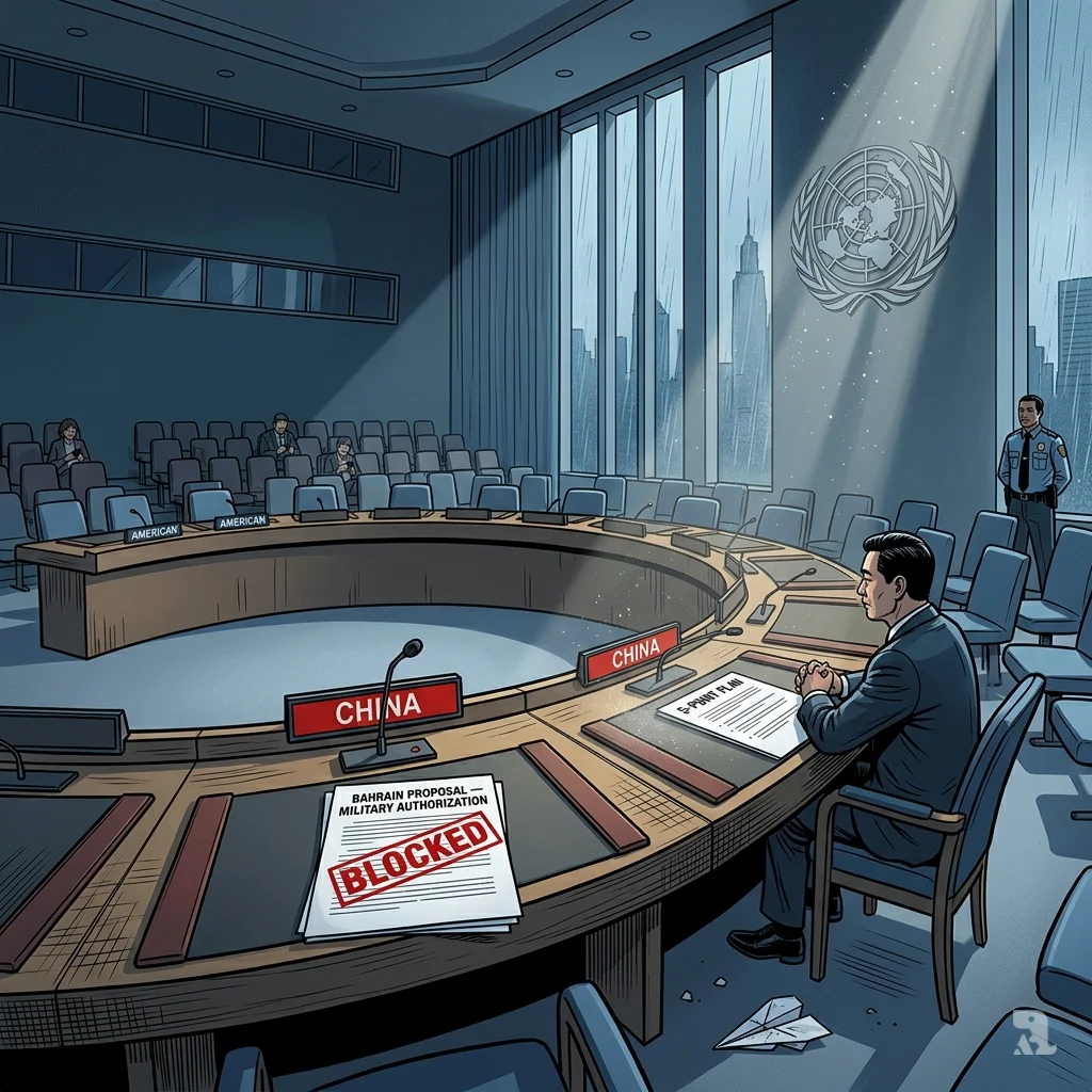 Chinese delegate sits alone at UN Security Council as vetoed proposal lies stamped “BLOCKED” amid empty Western seats.