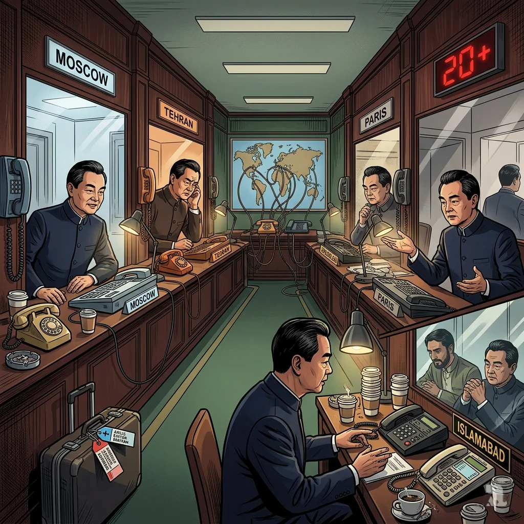 Chinese foreign minister Wang Yi conducts telephone marathon with global capitals as tangled lines represent diplomatic complexity.