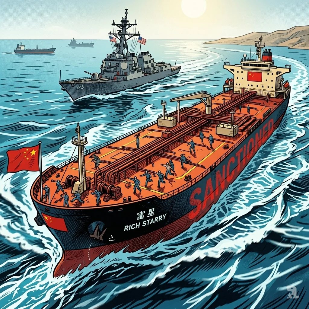 Chinese tanker Rich Starry performs forced reversal maneuver under US warship surveillance near strait.