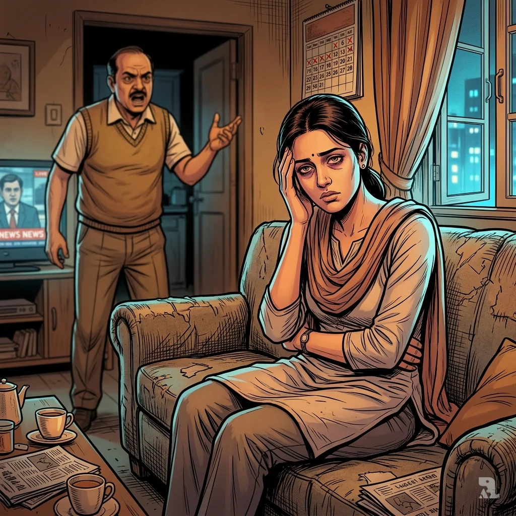 Exhausted young woman sits on sofa, hand on temple, while blurred older man gestures aggressively in background.