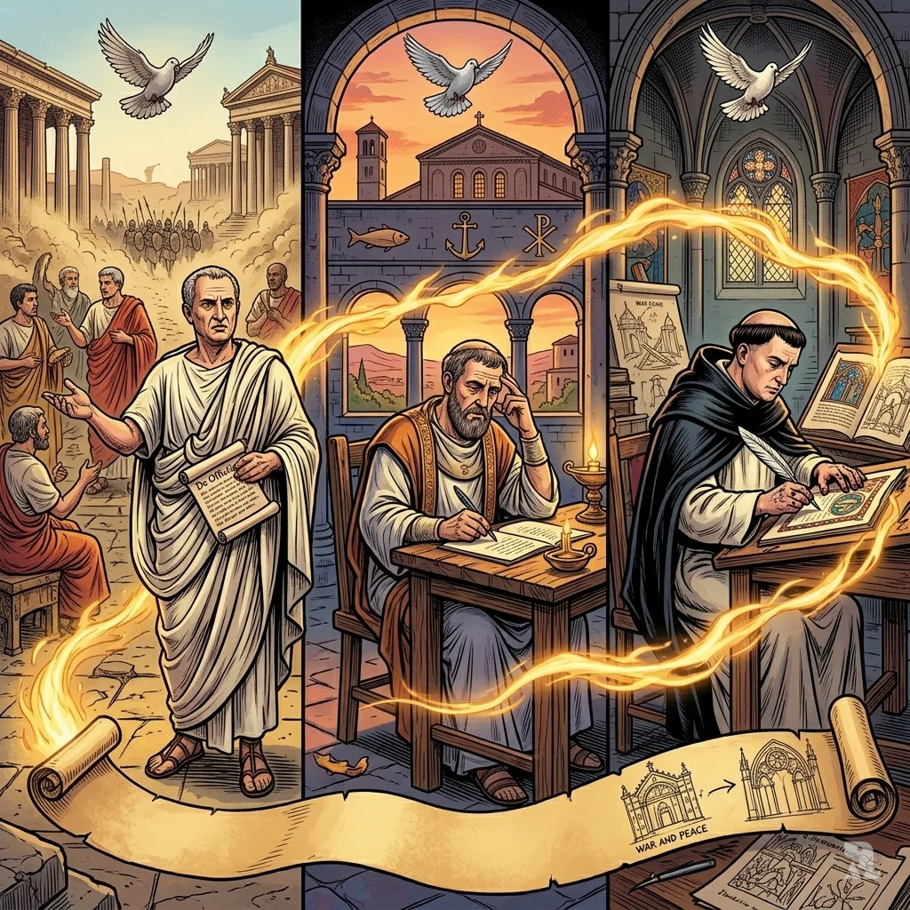 Historical figures Cicero, St. Augustine, and St. Thomas Aquinas depicted in sequence exploring just war philosophy origins.
