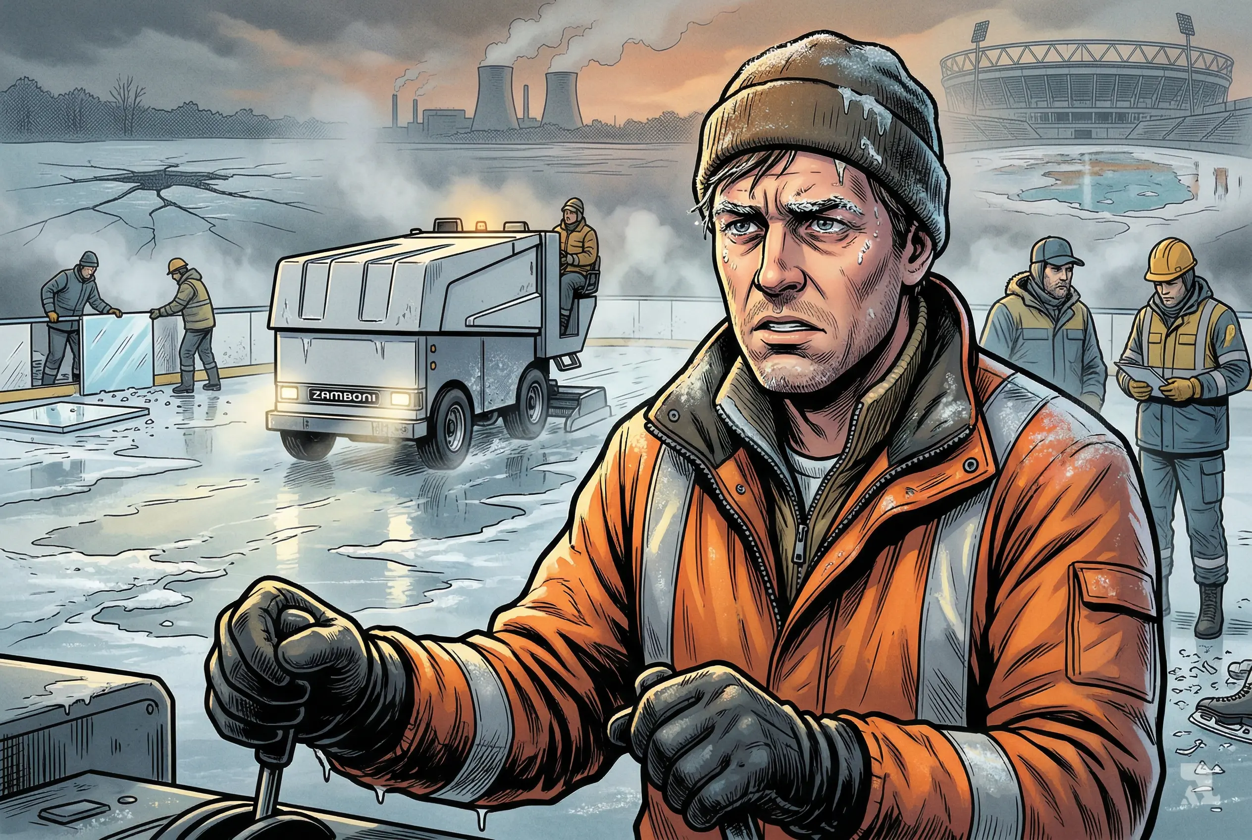 Michael Townsend operates Zamboni on melting ice rink while workers install plastic panels, highlighting climate change impact and uncertain future of natural hockey environments.
