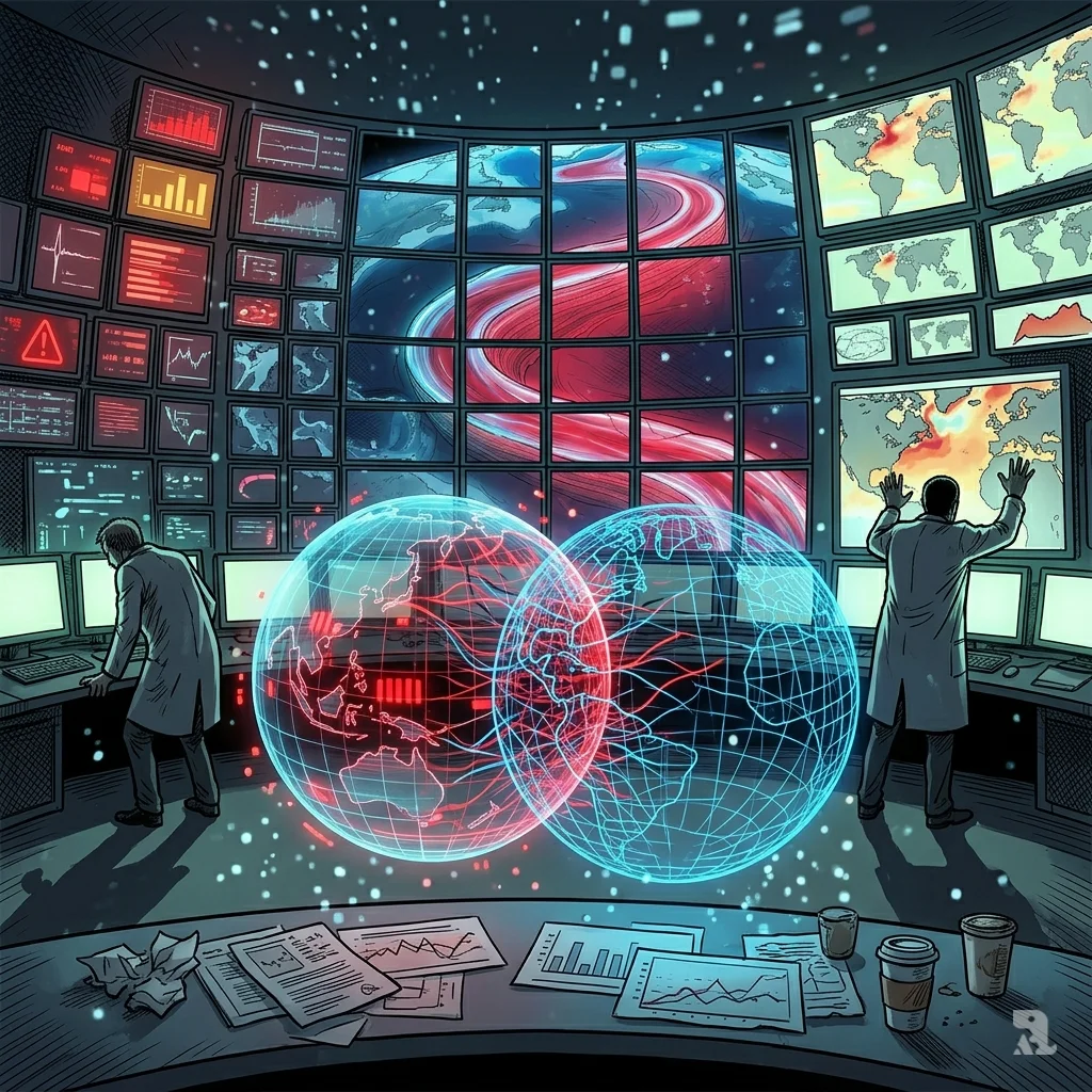 Scientists in a dark lab observe holographic data spheres showing a collapsing Atlantic ocean current model.