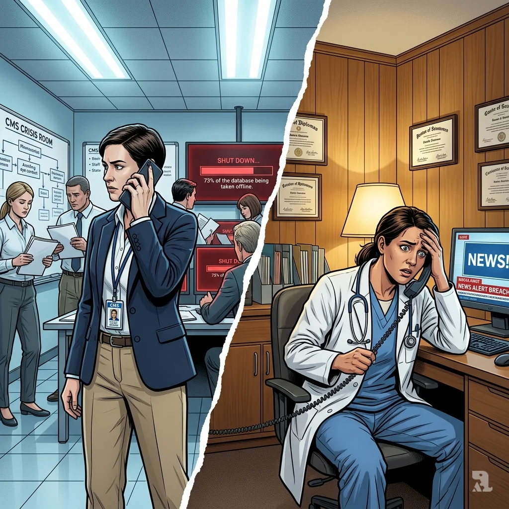 Split composition shows a CMS crisis team managing fallout while a family physician learns of the data breach, conveying institutional panic and personal violation.
