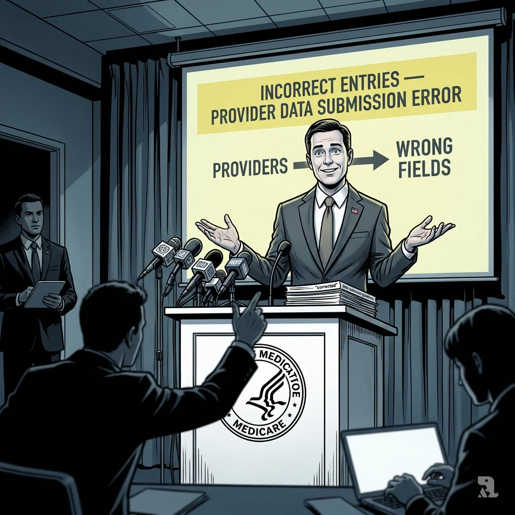 A CMS spokesperson deflects at a press conference, with a screen blaming provider data submission errors, as skeptical journalists look on.