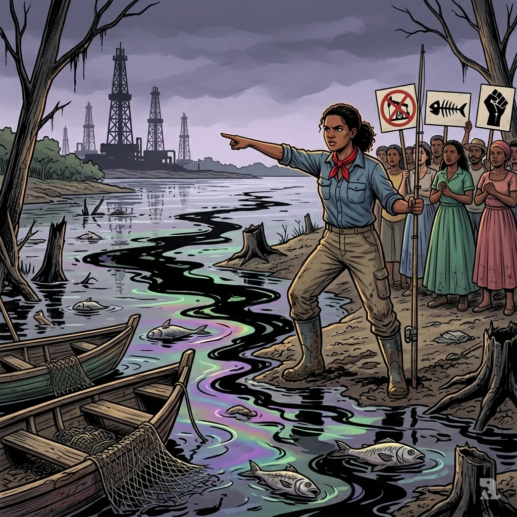 Colombian activist Yuvelis Morales Blanco stands defiantly before the oil-stained Magdalena River and halted fracking towers.
