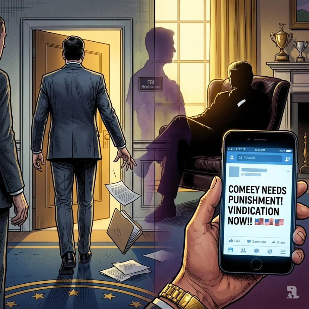 Split composition: 2017 back view of Comey walking away in a hallway, and present-day hand holding phone with social media post demanding punishment.